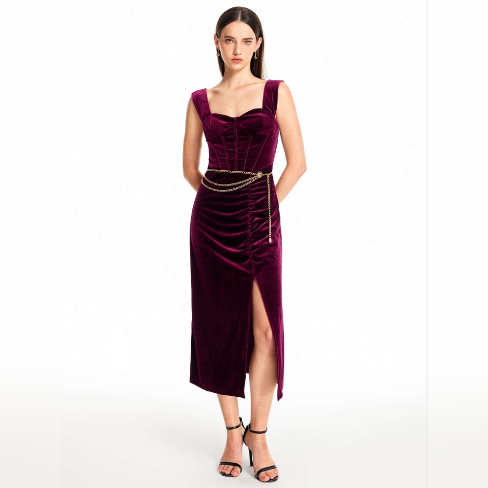 Elegant Cider Deep Red Velvet Corset Midi Dress. Medium, stretchy, NWT - Picture 4 of 5